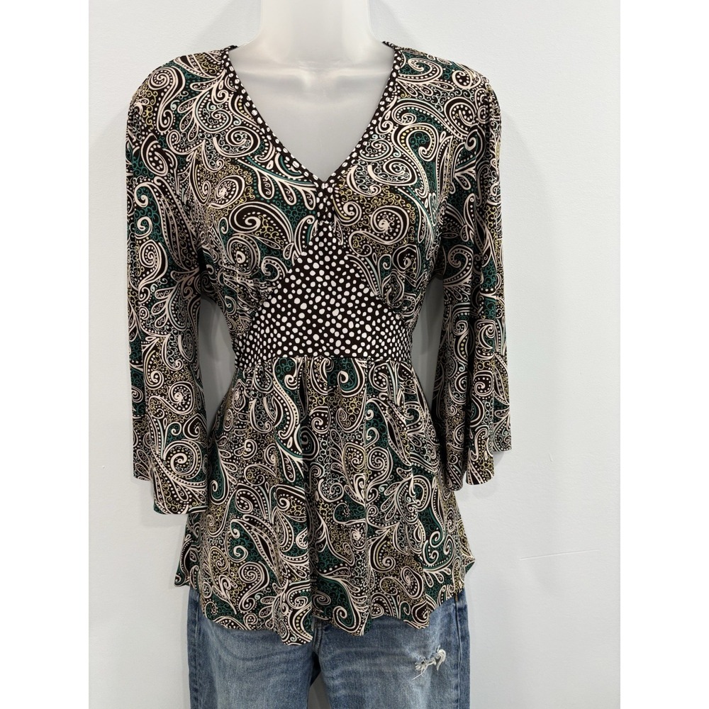 Carole Little Y2K Blouse Women's M Stretch V Neck Paisley Polka Dot Print Tie